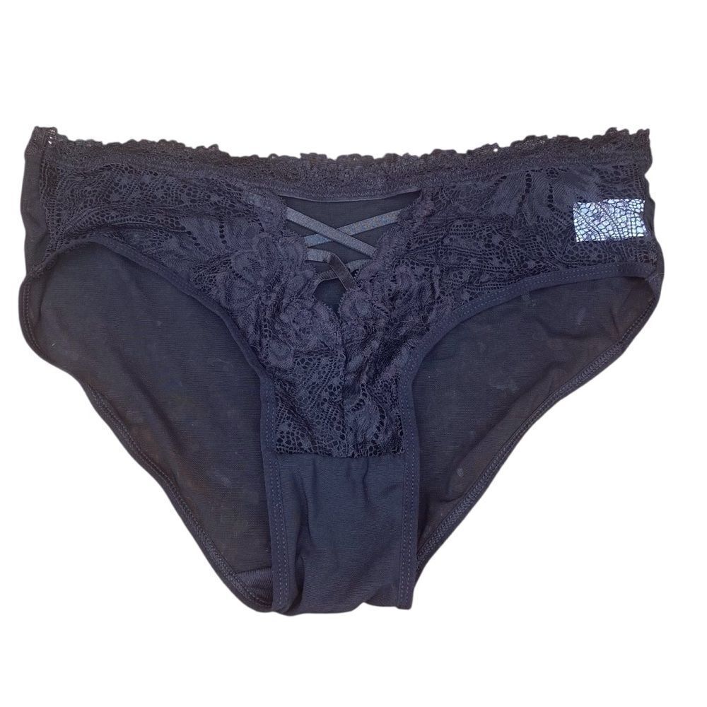 NWT New Knotty Knickers Lace Trim Black Bikini Panties. Large